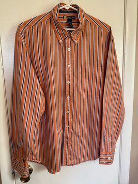 Duck Head Orange Button-Down Shirt with Navy & White Stripes